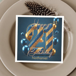 Serviette En Papier Elégant Midnight Blue & Gold rayped 21e anniversai