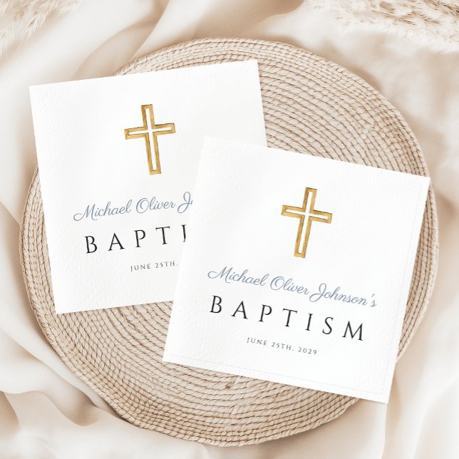Serviette En Papier Élégant moderne Dusty Blue Script Boy Baptême (Modern Elegant Dusty Blue Script Boy Baptism Napkins)