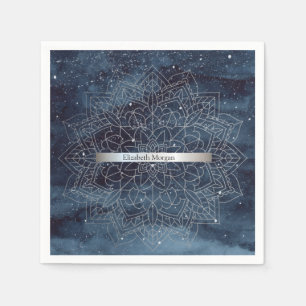 Serviette En Papier Élégant Moderne Mandala Rayure Argent Bleu Marine