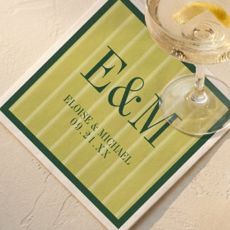 Serviette En Papier Elegant Monogram Chartreuse Stripe Pattern Wedding