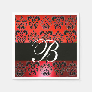 SERVIETTE EN PAPIER ÉLÉGANT MONOGRAM DE MARIAGE DAMASSÉ NOIR ROUGE