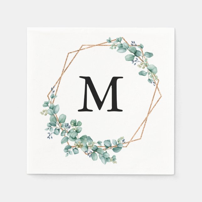 Serviette En Papier Élégant Monogramme Aquarelle Vert Or Mariage  (Devant)