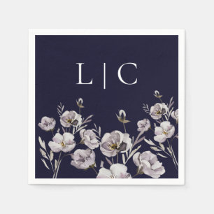 Serviette En Papier Élégant monogramme bleu foncé fleur d'aquarelle
