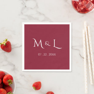 Serviette En Papier Élégant Monogramme Date Mariage Rouge et Blanc