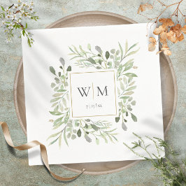 Serviette En Papier Élégant Monogramme de Mariage en Or avec Feuillage