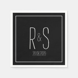 Serviette En Papier Élégant Monogramme initial Noir blanc mariage