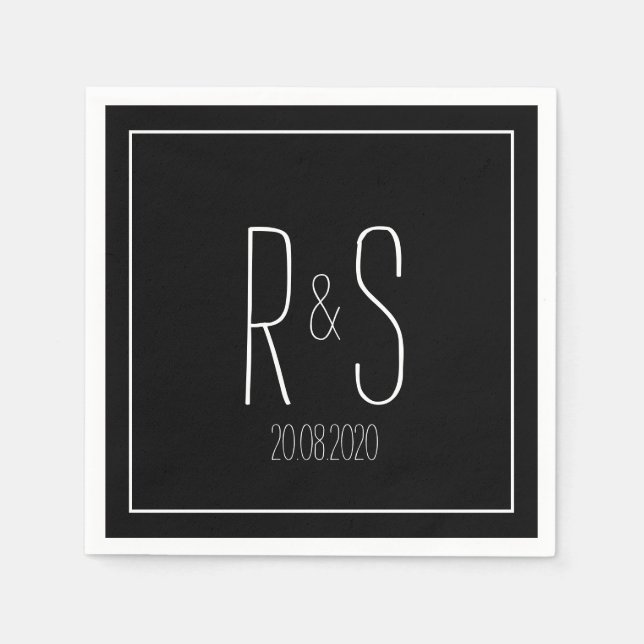 Serviette En Papier Élégant Monogramme initial Noir blanc mariage (Devant)