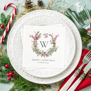 Serviette En Papier Élégant Monogramme Joyeux Noël Vacances Wreath