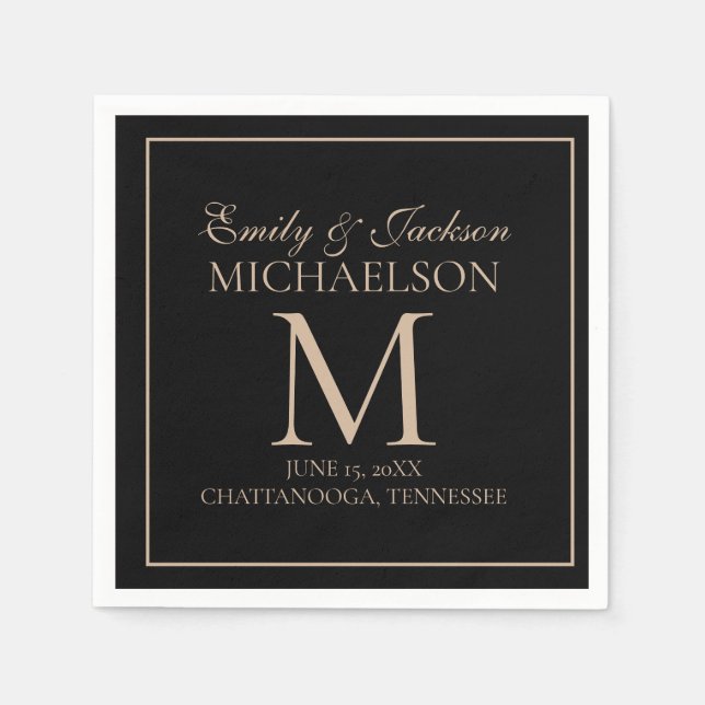 Serviette En Papier Élégant Monogramme Mariage Black Gold (Devant)