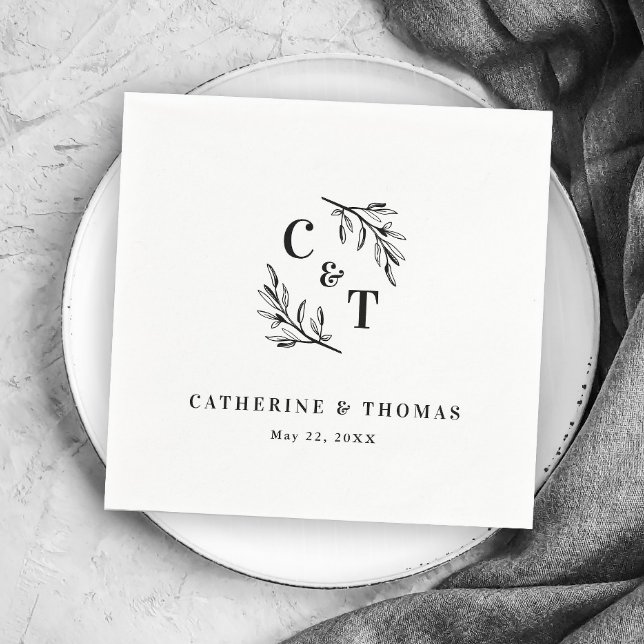 Serviette En Papier Élégant Monogramme Mariage Feuille (Elegant Monogram Greenery Leaves Wedding Napkins.)