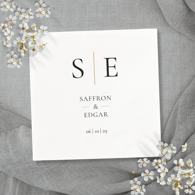 Serviette En Papier Élégant Monogramme Mariage noir et or (Elegant Monogram Black And Gold Wedding Napkins)