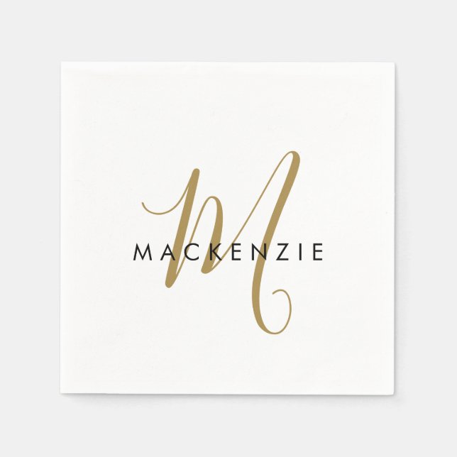 Serviette En Papier Élégant Monogramme moderne en or blanc (Devant)