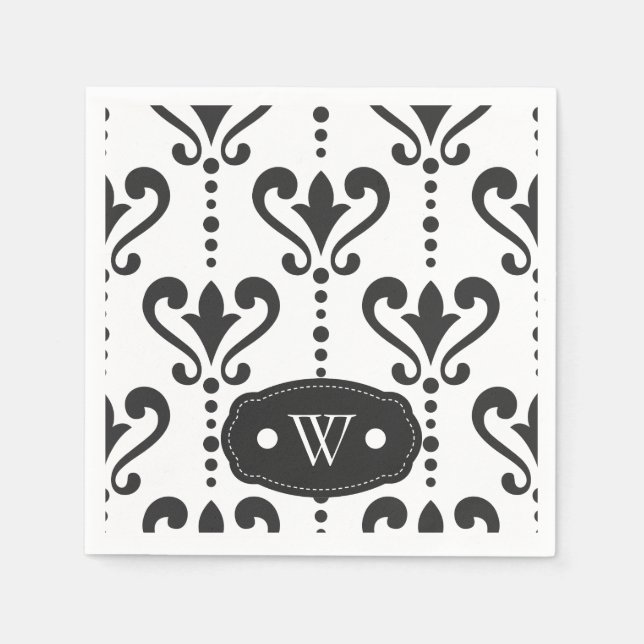 Serviette En Papier Élégant Monogramme noir et blanc damassé (Devant)