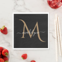 Élégant Monogramme noir et or Nom du script Napk