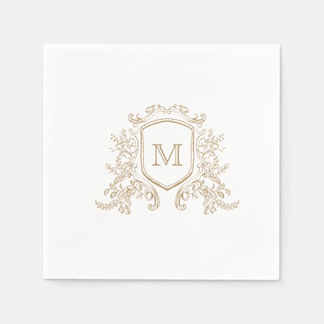 Serviette En Papier Élégant Monogramme Or Crest Mariage Personnalisé N (Devant)