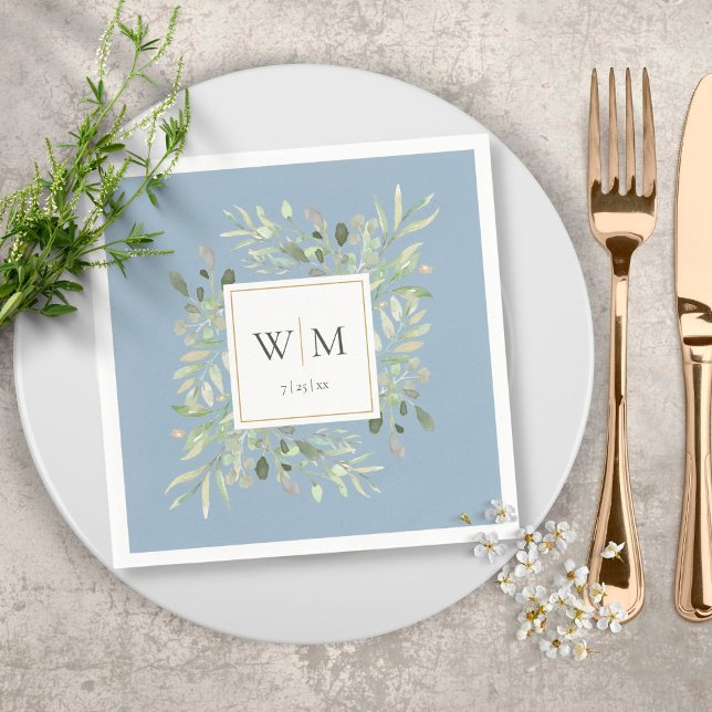 Serviette En Papier Élégant Monogramme Or Dusty Blue Greenery (Créateur téléchargé)