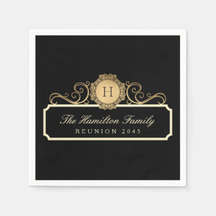 Serviette En Papier Élégant Monogramme Or Reunion Famille Noir