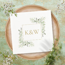 Serviette En Papier Élégant Monogramme Or Verdure Mariage de feuillage