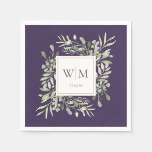 Serviette En Papier Élégant Monogramme Or Vert Foncé Violet