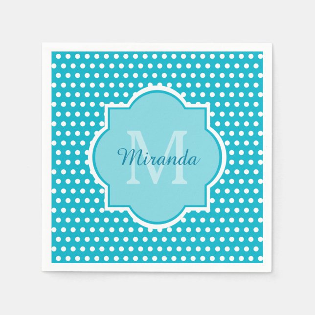 Serviette En Papier Élégant Monogramme Pois Turquoise Avec Nom (Devant)
