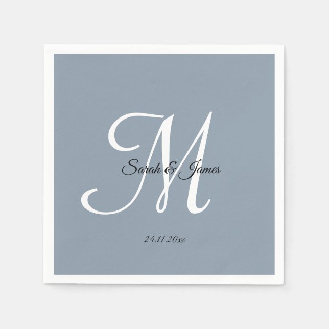 Serviette En Papier Élégant Monogramme Script Dusty Blue Wedding Party (Devant)