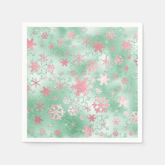 Serviette En Papier Élégant Motif de flocon de neige vert et rose (Devant)
