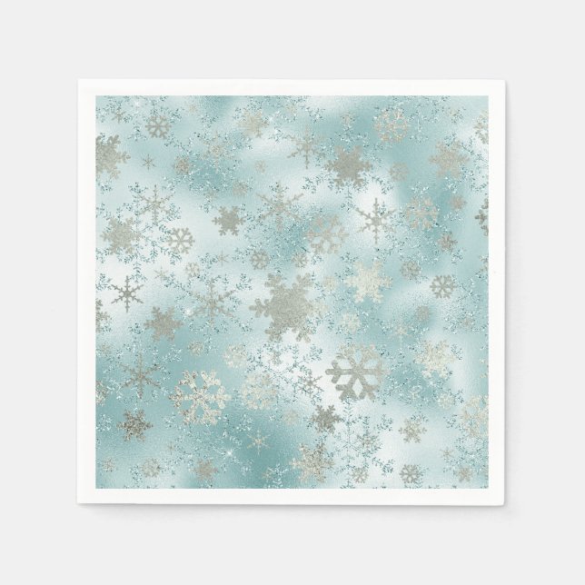 Serviette En Papier Élégant Motif de Noël Silver Bleu Snowflake (Devant)