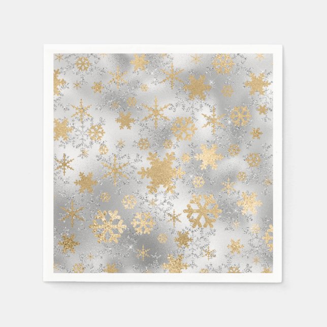 Serviette En Papier Élégant Motif Silver Gold Snowflake (Devant)