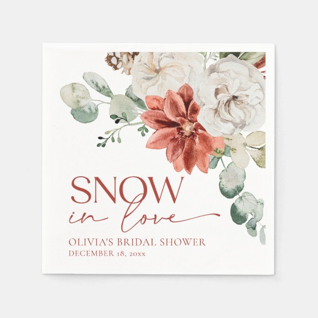 Serviette En Papier Élégant Neige Rouge en Amour Mariage d'Hiver (Devant)