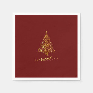 Serviette En Papier Élégant Noel d'arbre de Noël rouge foncé et or