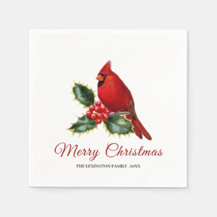 Serviette En Papier Élégant Noël Rouge Cardinal Oiseau Holly