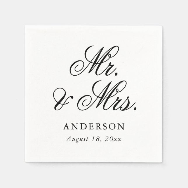 Serviette En Papier Élégant noir blanc Script Mr & Mrs Mariage (Devant)