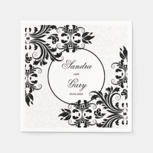 Serviette En Papier Élégant noir dentelle blanc Damas