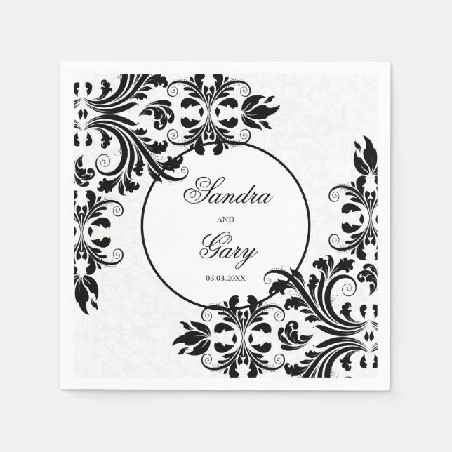 Serviette En Papier Élégant noir dentelle blanc Damas (Devant)