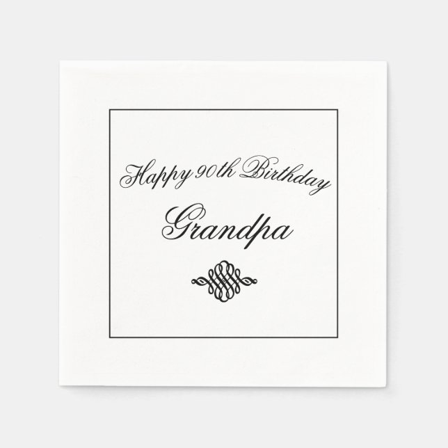 Serviette En Papier Elégant noir et blanc 90e Anniversaire Papier (Devant)