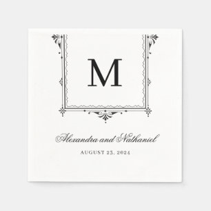 Serviette En Papier Élégant noir et blanc Vintage Mariage Monogramme
