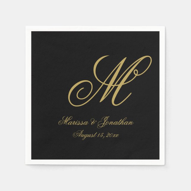 Serviette En Papier Élégant Noir Or Monogramme simple Mariage (Devant)