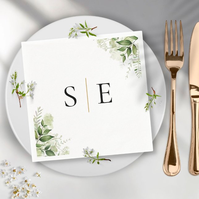 Serviette En Papier Élégant Noir Or Monogramme Verdure (Créateur téléchargé)