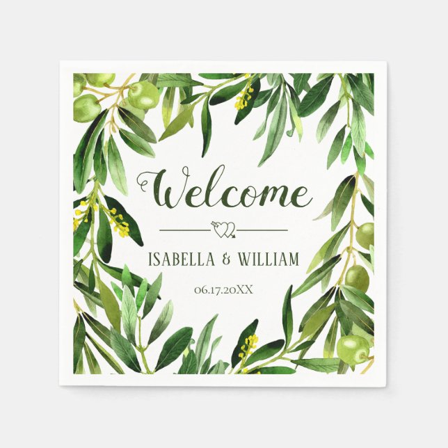 Serviette En Papier Elégant Olive Leaf Boho Garden Mariage Bienvenue (Devant)