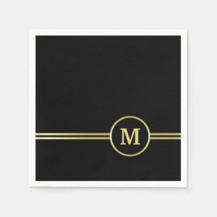 Serviette En Papier Élégant or Monogramme personnalisé sur noir