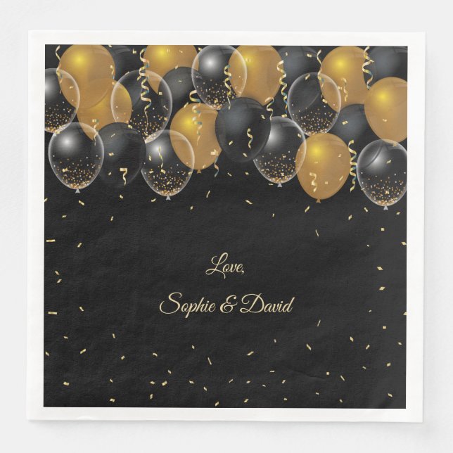 Serviette En Papier Élégant or noir Balloons Confetti Mariage (Devant)