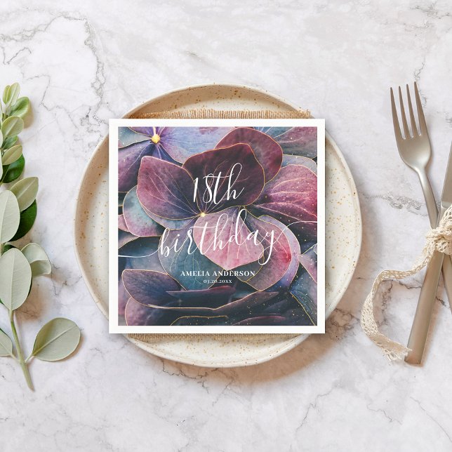 Serviette En Papier Elégant or violet bleu hydrangée 18e anniversaire (Créateur téléchargé)