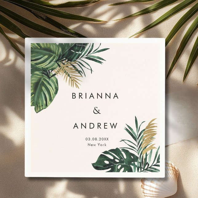 Serviette En Papier Elégant, Palmier Vert, Or (Imitation) (Custom, Elegant, Green Palm, Gold (Imitation) Beige Napkins with your Name & Date.)
