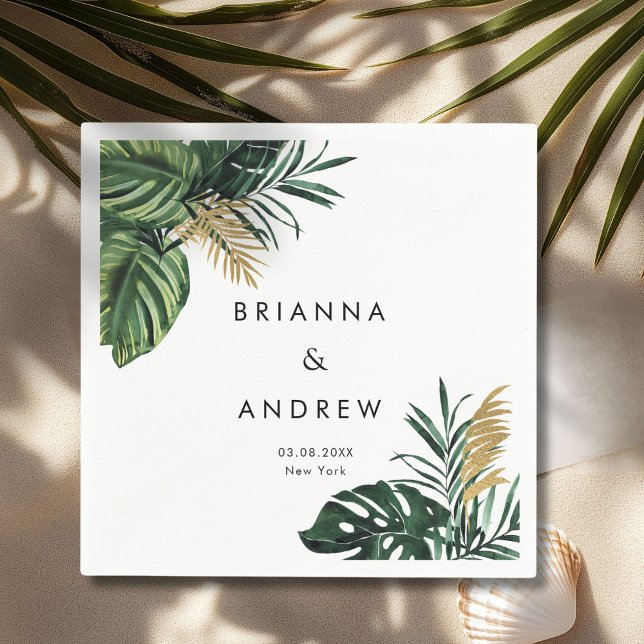 Serviette En Papier Elégant, Palmier Vert, Or (Imitation) (Custom, Elegant, Green Palm, Gold (Imitation) White Napkins with your Name & Date.)