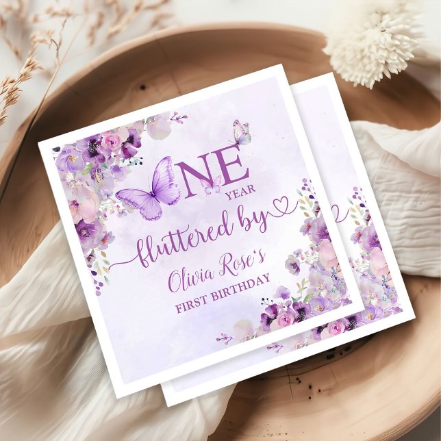 Serviette En Papier Elégant papillon violet 1er anniversaire fête (Créateur téléchargé)