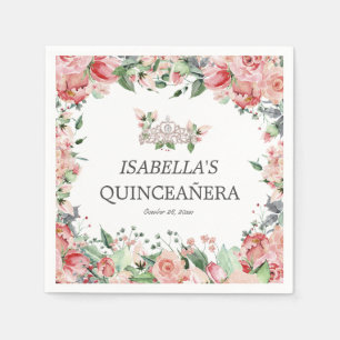 Serviette En Papier Élégant Parti Floral Rose Quinceañera