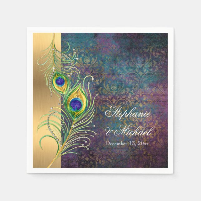 Serviette En Papier Elégant Peacock Feathers Bijoux Scrolls Mariage (Devant)
