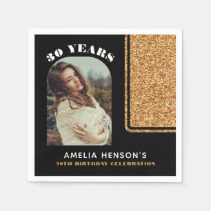 Serviette En Papier Élégant Photo Anniversaire 30 Ans Paillettes Noir