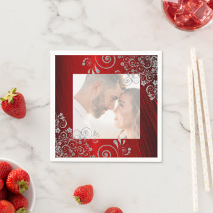 Serviette En Papier Élégant photo Ruby Red Grey Mariage