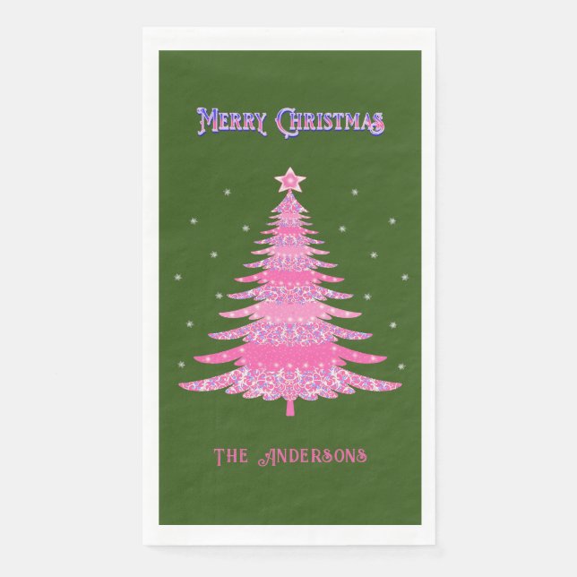 Serviette En Papier Élégant Pink Christmas Tree Nom personnalisé Vert (Devant)
